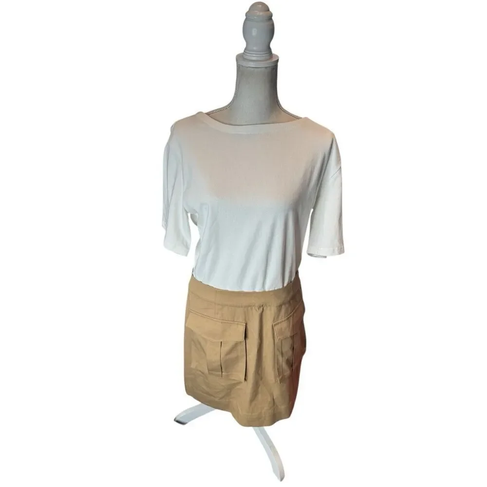 Veronica Beard Elowyn Mixed Media Dress Womens L White/Khaki Boat Neck Zip Snap